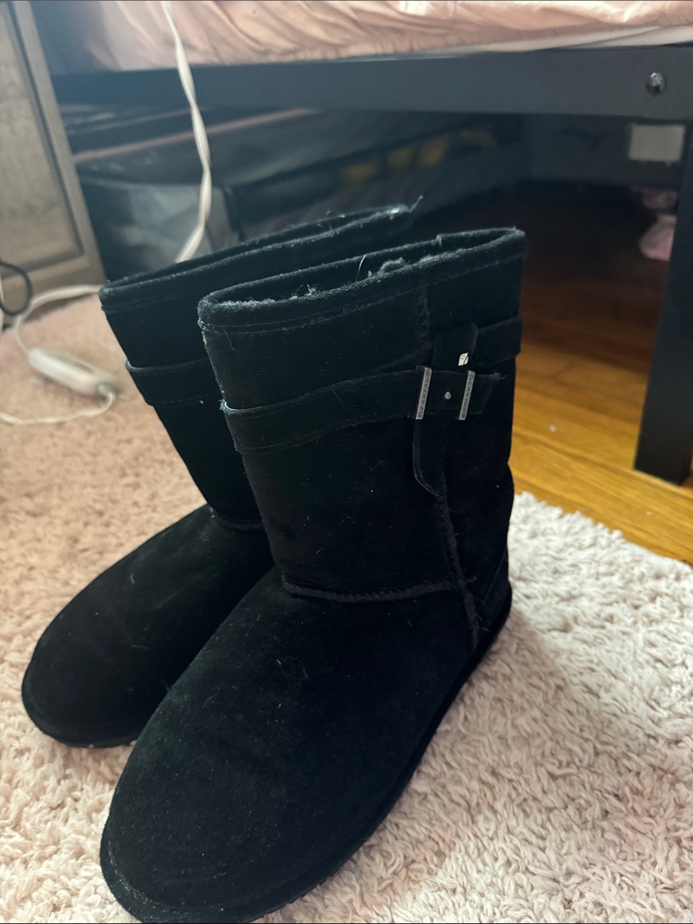 BearPaw Black Suede Short Winter Boots with Buckle Accent